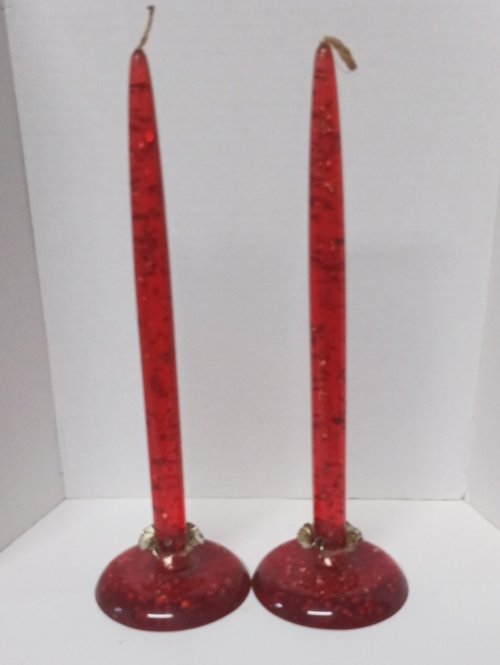 Vintage Red Taper Candle Pair with Decorative Holders - Unbranded
